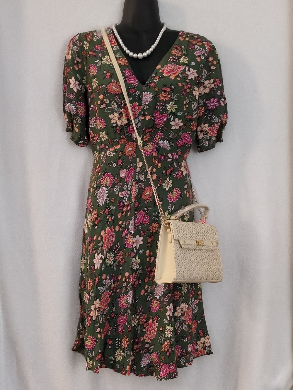 LOFT Olive Green Floral V-Neck Midi Dress